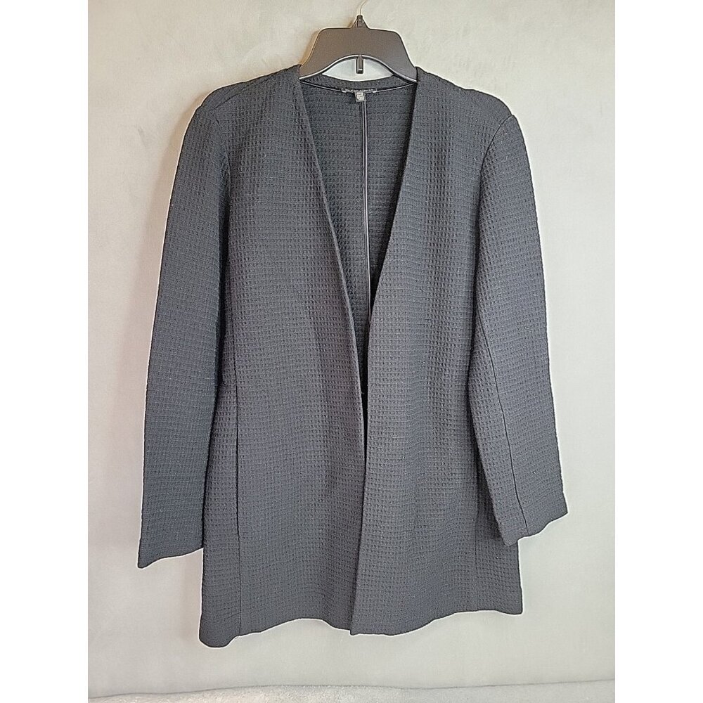 Eileen Fisher Sz Med Black Waffle Knit Tencel Cotton Blend Cardigan Long Pockets